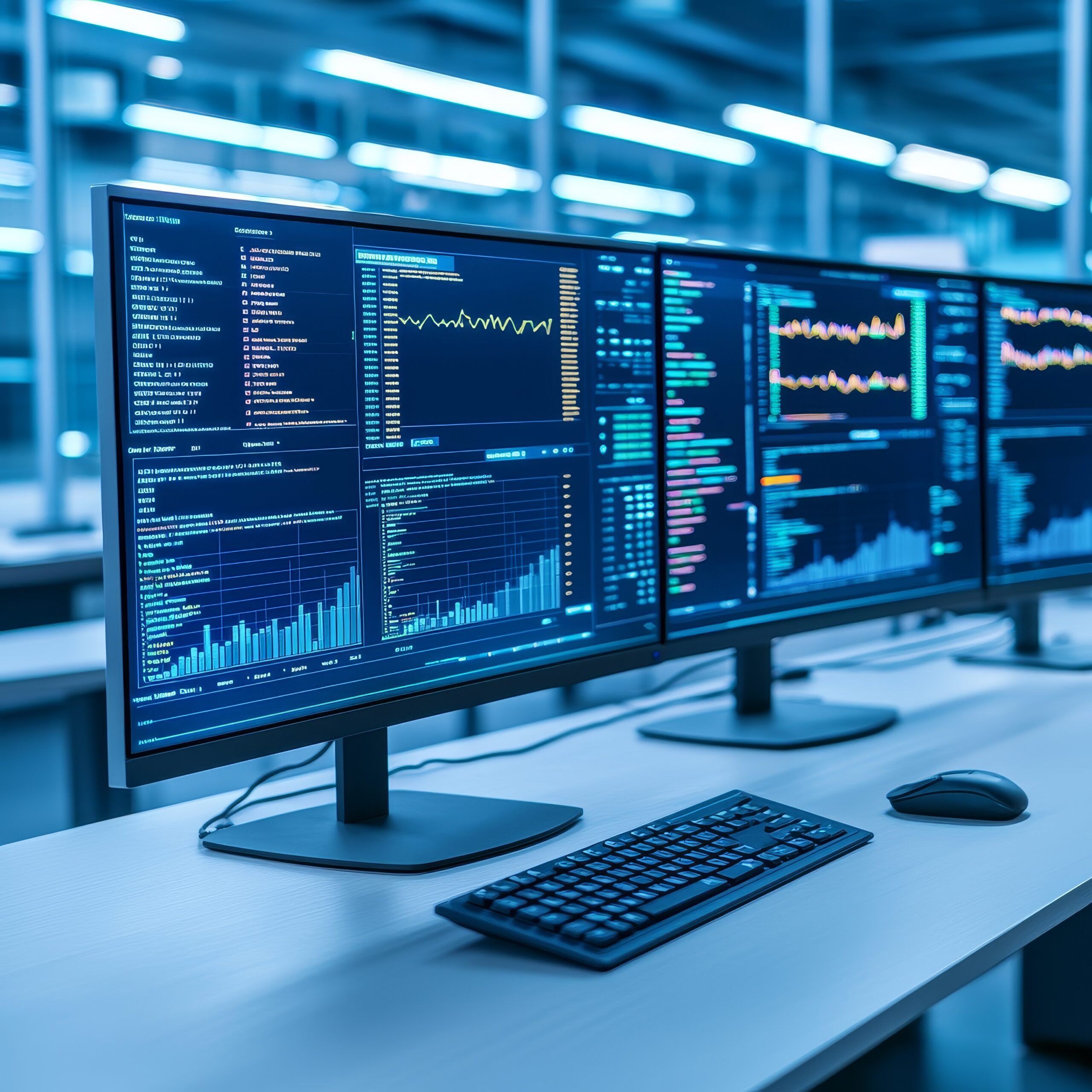 business analytics and data science for risk management. high tech workspace with multiple monitors displaying data analytics.